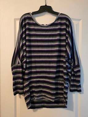 Celeste Striped Top Size 2XL Batwing Sleeve Purple Black Gray Shirt Blouse